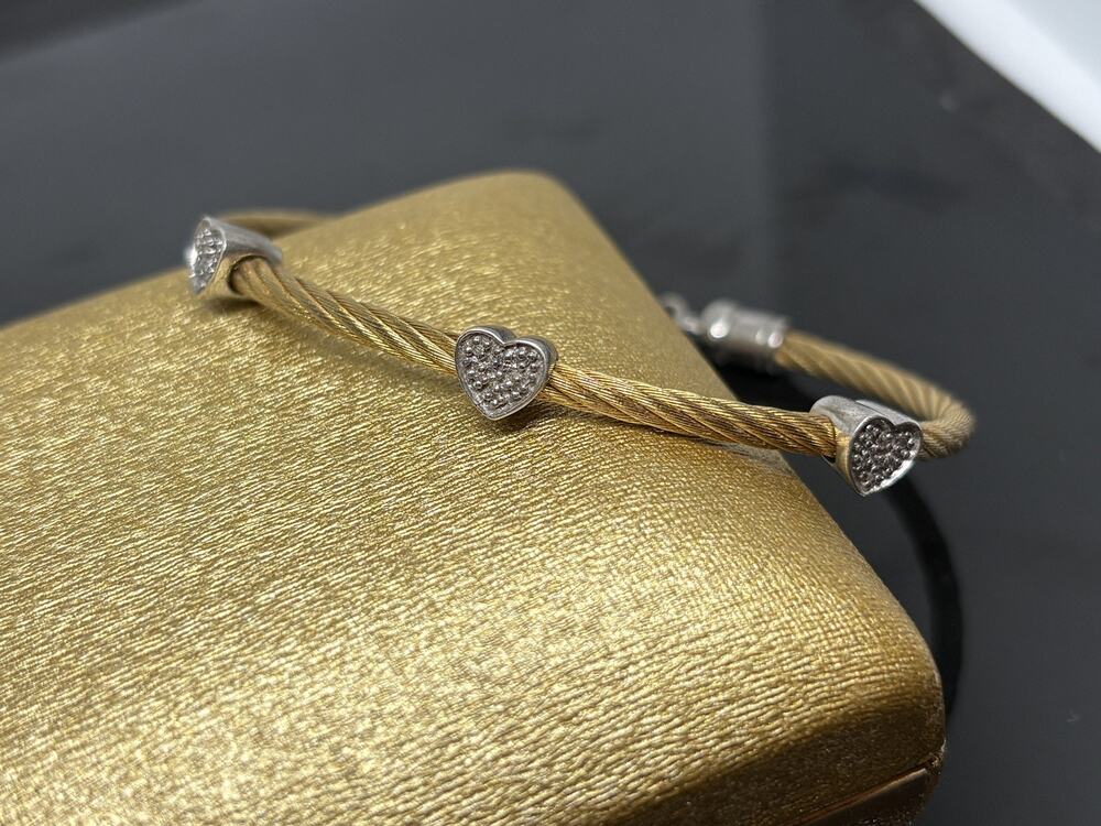Vintage STAINLESS STEEL-STERLING SILVER YELLOW Golden 3 CHARM DIAMOND BRACELET